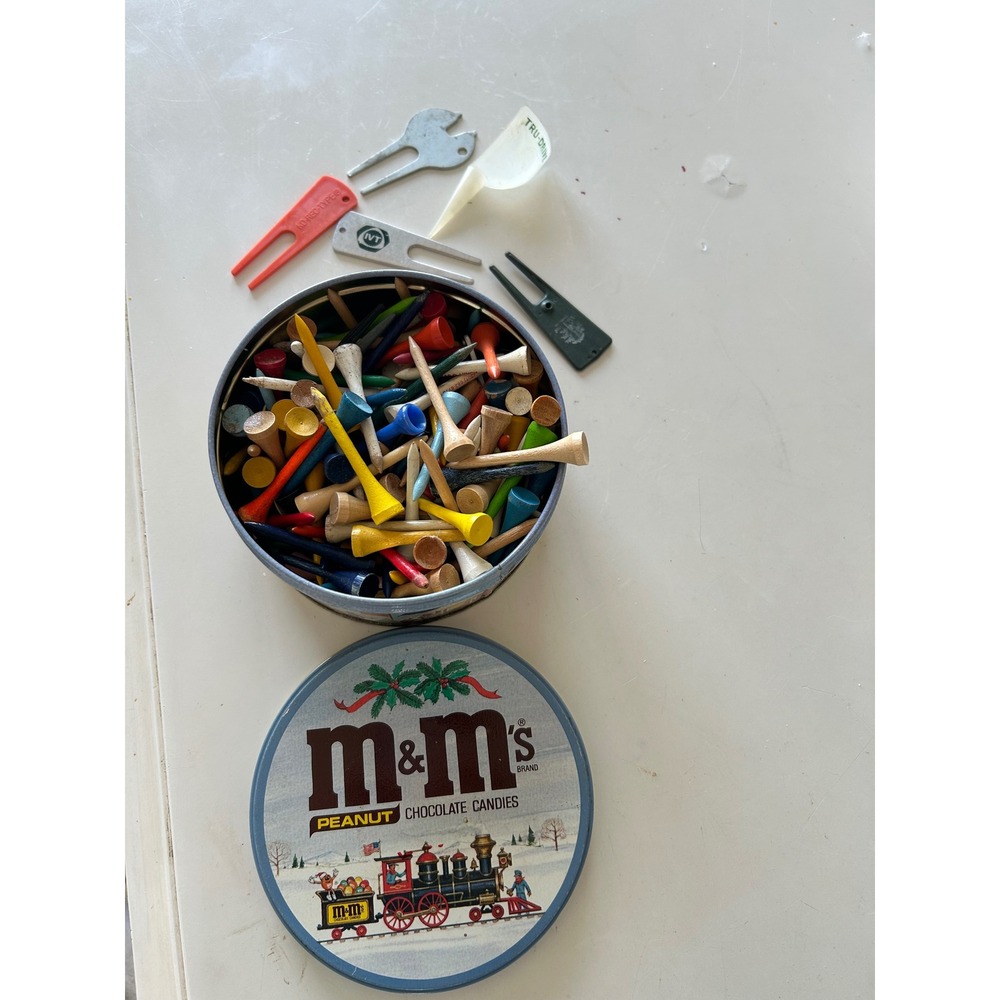 Vintage Golf Tee Lot with Divot Tools in M&Ms Peanut Chocolate Holiday Tin